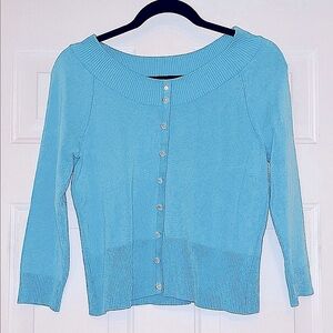 U-Knit Cardigan Sweater M Blue Classic Rhinestone Buttons Cropped Glam Stretch